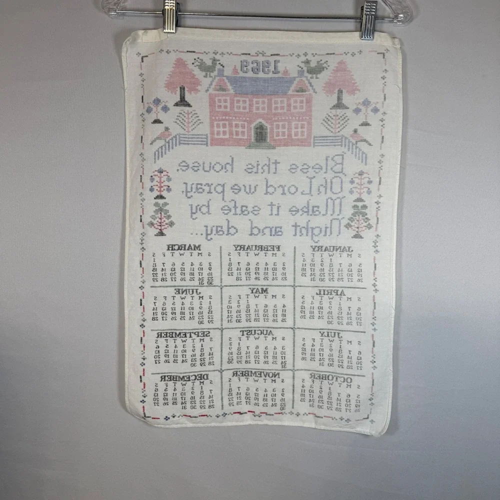 1969 Calendar Tea‎ Towel Bless This House Folk Art Red House
